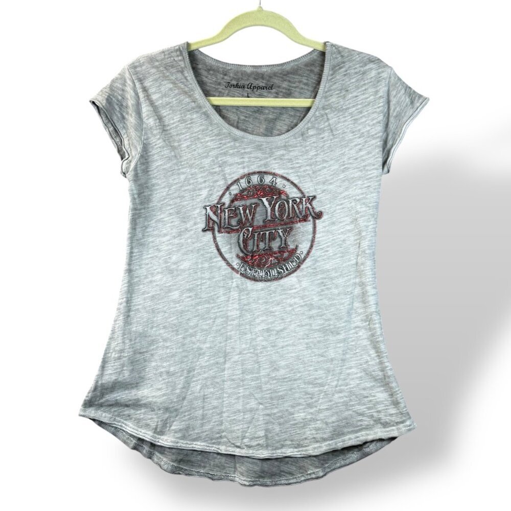Torkia Apparel T-Shirt Womens Sz L Gray New York City Graphic Scoop Neck Y2K